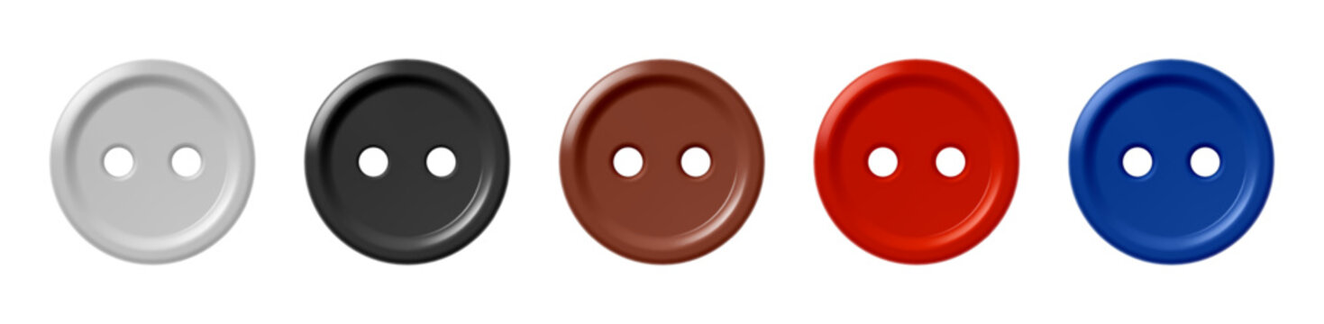 3D sewing buttons in realistic glossy plastic style, colorful round garment fasteners for tailoring, clothing craft, haberdashery catalog, textile fashion and apparel design. Vector isolated set