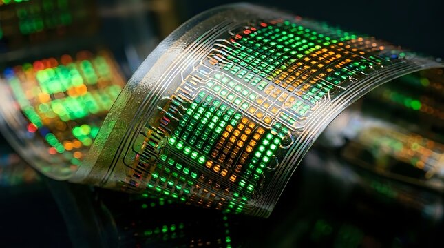 Flexible electronic display with glowing green and orange pixel grid