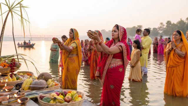 Chhath Puja concept with women worshipping the setting sun in a river
