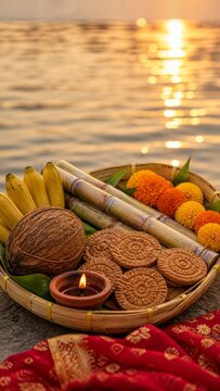 Chhath Puja concept with bamboo basket with fruit sweets sugarcane and diya
