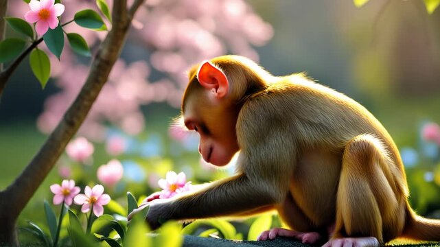 Portrait of monkey animal pet on background spring blooming flower garden outside AI Generative