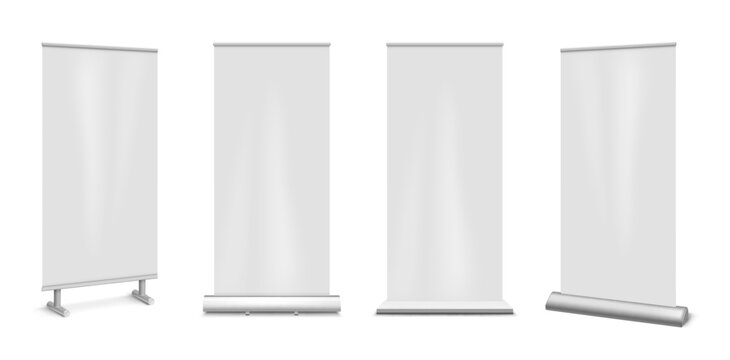 Realistic roll up banner stand set with blank white portable display mockups, retractable advertising signage for trade show, exhibition and retail promotion. Vector template