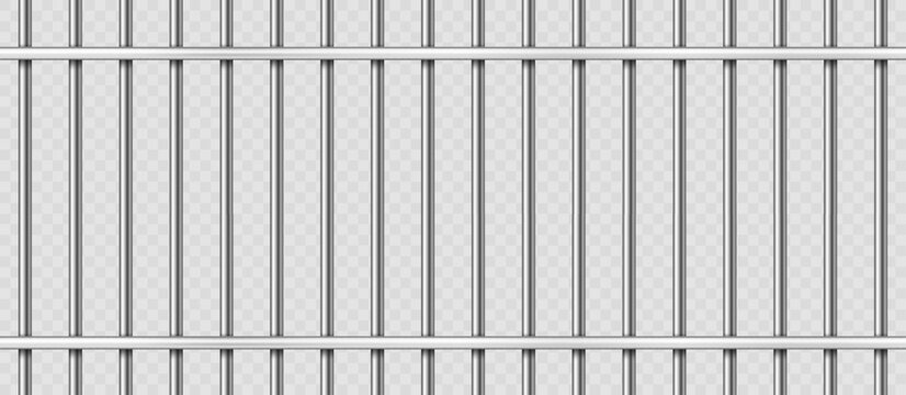 Realistic prison bars metal grate, chrome jail cell window frame on transparent background, security cage overlay for crime, law, detention and game design. Vector isolated