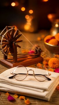 Gandhi Jayanti concept with charkha eyeglasses and khadi cloth in festive light