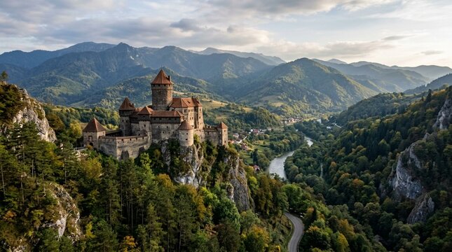 Majestic castle perched on a rocky outcrop overlooking a lush valley and winding river.