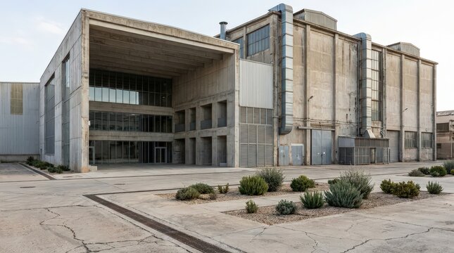 Modern Industrial Building with Open Entrance and Landscaping.