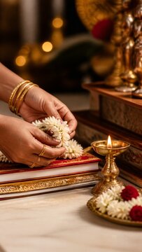 Saraswati Puja concept with hands offering jasmine near sacred books and diya
