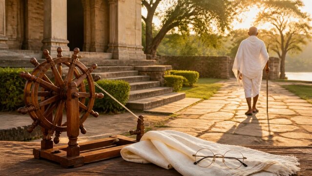 Gandhi Jayanti concept with Gandhi-inspired spinning wheel glasses and walking figure