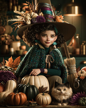 Cute little witch with a cat among autumn pumpkins and fallen leaves, whimsical Halloween fantasy illustration for greeting cards, children books, seasonal advertising and festive decoration