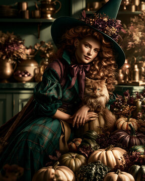 Cute little witch with a cat among autumn pumpkins and fallen leaves, whimsical Halloween fantasy illustration for greeting cards, children books, seasonal advertising and festive decoration