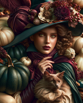 Cute little witch hugging a cat among autumn pumpkins and fallen leaves, whimsical Halloween fantasy illustration for greeting cards, children books, seasonal advertising and festive decoration