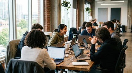 Obraz premium Multicultural team engaged in lively discussion working on laptops at a communal table in modern open plan office space.