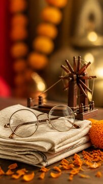 Gandhi Jayanti concept with Gandhi glasses khadi and charkha in a symbolic still life