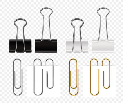 Binder clips and paper clips realistic vector with black, white and gold office fasteners, stationery supplies isolated on transparent background for document organization
