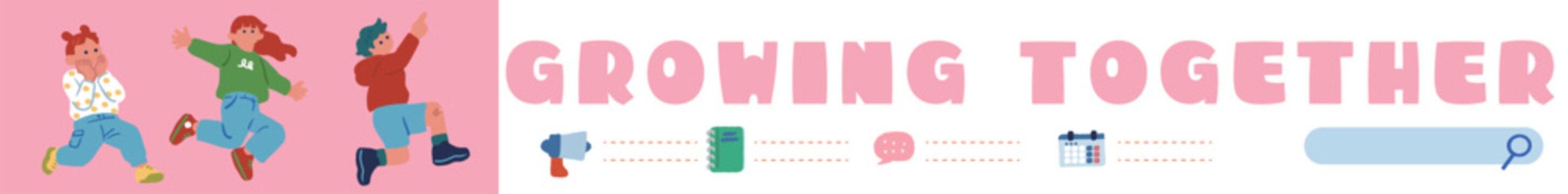 「GROWING TOGETHER」3人の子供がジャンプする横長広告バナーイラスト（ピンク）