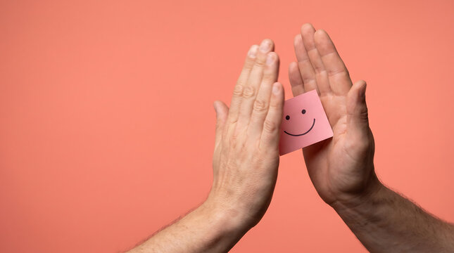 Two hands giving a high five with a pink sticky note featuring a drawn smiley face.