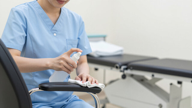 Japanese Nurse Disinfecting Patient Chair in Examination Room, Copy space on the right