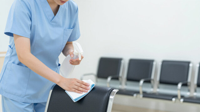 Japanese Nurse Disinfecting Clinic Waiting Room Chair, Copy space on the right
