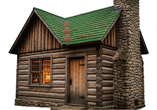 Small rustic wooden cabin with a green roof and stone chimney isolated on transparent background
