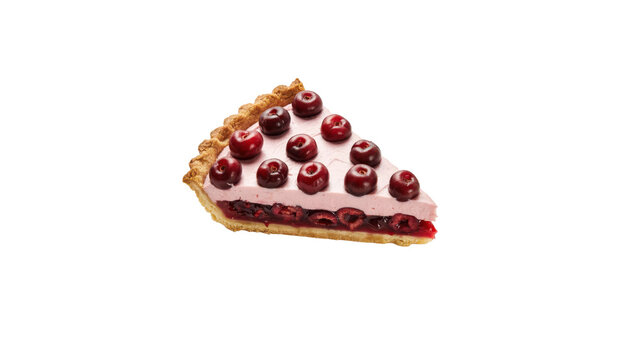 A single triangular slice of cherry cream pie with fresh whole cherries on and flaky golden crust isolated on a transparent background