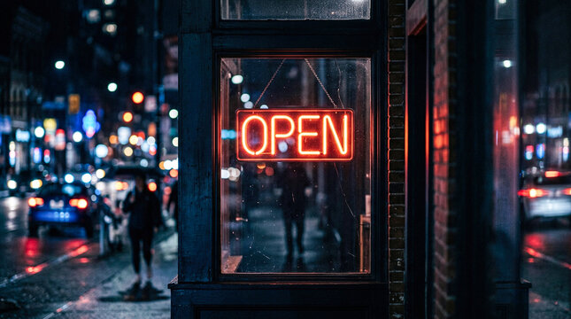 Neon open sign glows brightly in a darkened city street at night with blurred lights and vehicles passing by suggesting business is open.