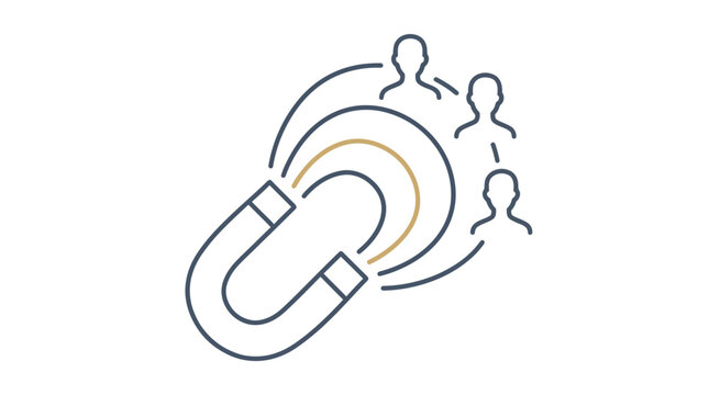Line icon of a horseshoe magnet attracting three human avatars on a white background, perfect for digital marketing presentations, customer acquisition strategies and lead generation campaigns