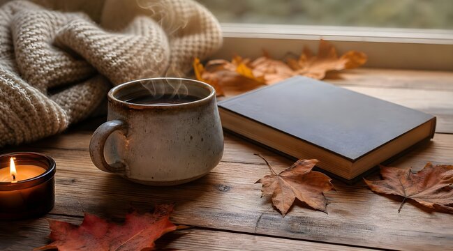 cozy autumn coffee cup beside open book and fallen leaves near a warm sunlit window