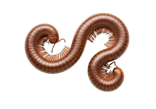 Brown millipede curling into a spiral shape isolated on transparent background