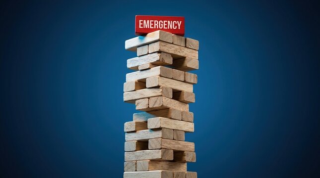 Towering stack of wooden blocks with red block labeled emergency at top symbolizing risk, crisis management, and precarious situation.
