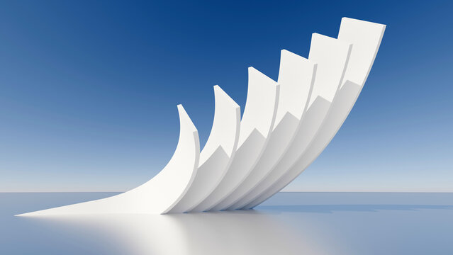 Abstract 3D white geometric growth wave on blue background, ideal for modern architecture, business progress, technology background, landing pages, and corporate presentation templates