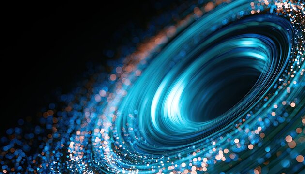 Swirling digital vortex of luminous blue and orange particles against black