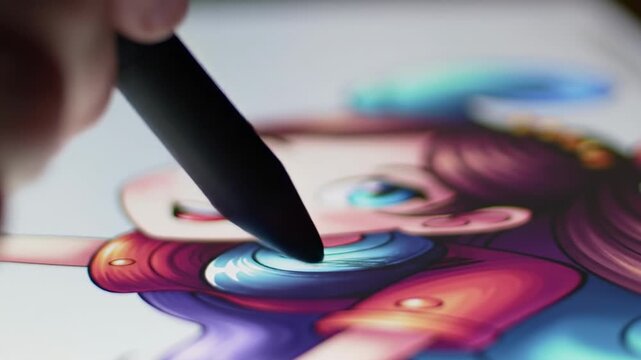 Close-up of a digital artists hand using a stylus to draw a colorful anime character on a tablet.
