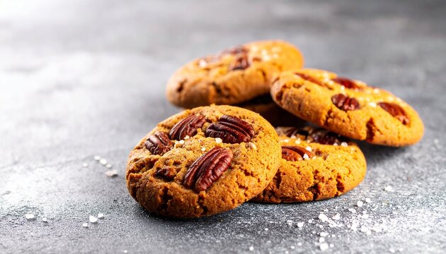 Brown butter pecan cookies are displayed on a dark table. The cookies have pecans on top and a sprinkle of salt. This setting feels seasonal and invites tasting the treats