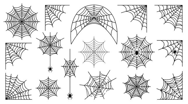 Set of decorative spider web corner elements for spooky halloween party invitations and festive holiday graphic design projects
