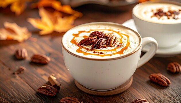 A pecan latte sits in a white cup on a wooden table. The drink is topped with pecans and syrup. Fall leaves and nut pieces surround the cup, suggesting an autumn day