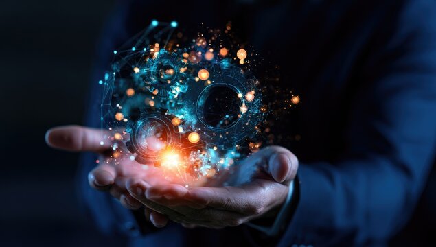 Futuristic glowing network sphere held in hands, digital data explosion