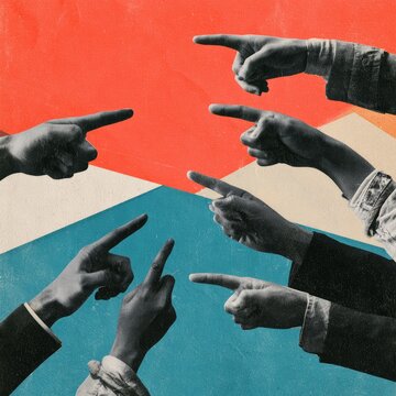 Many hands point fingers in a colorful abstract collage, implying blame