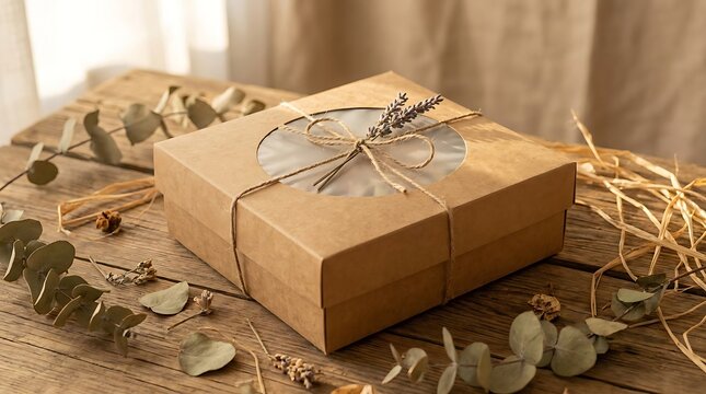 A brown paper gift box tied with rustic twine decorated with fresh green eucalyptus on wood table