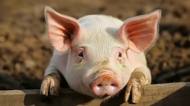 Piglet with muddy snout and ears peers over a wooden fence in a close-up, head-on shot capturing its curious expression.