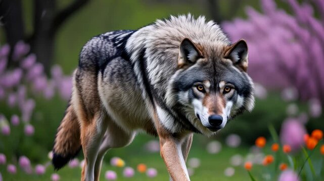 Portrait of wild wolf animal pet on background spring blooming flower garden outside AI Generative