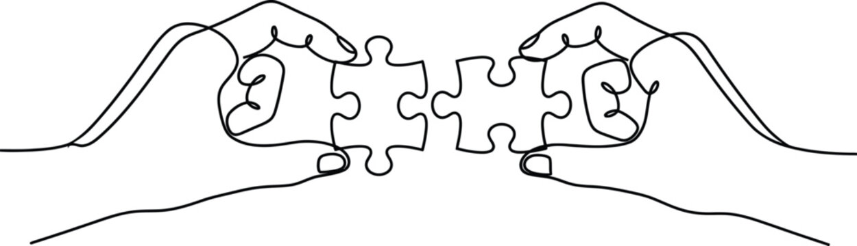 Continuous line drawing of two hands connecting puzzle pieces