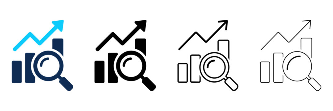 Set of data analysis icons with magnifying glass and rising bar chart, business analytics concept, vector illustration editable stroke