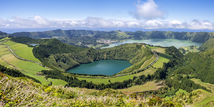 Sete Cidades Azores landscape nature panorama on Sao Miguel island volcanic lake crater in Portugal