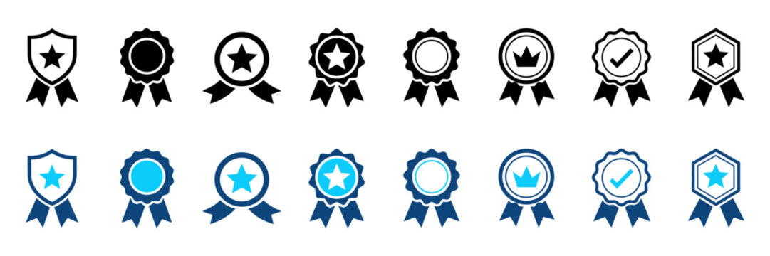 Set of award ribbon icons, badge and medal symbols with stars, crowns and check marks, vector illustration editable stroke