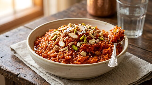 Gajar ka Halwa, a rich Indian carrot pudding, with a spoonful ready to eat on a rustic wooden surface.