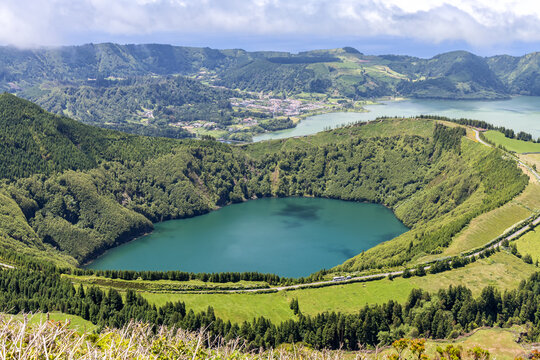 Sete Cidades Azores landscape nature on Sao Miguel island volcanic lake crater in Portugal
