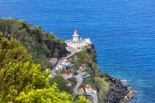 Azores view of Farol do Arnel lighthouse landscape nature on Sao Miguel island in Portugal