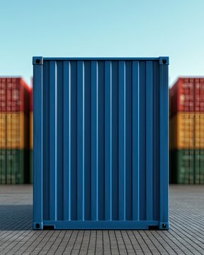 A blue shipping container stands front and center, stacked containers blurred behind