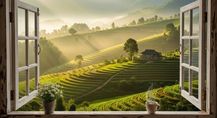 Fototapeta premium Open window view of sun-drenched green tea plantation terraces in morning light