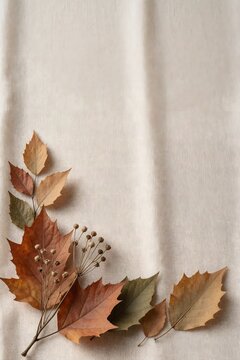 Elegant Autumn Leaves on Soft Neutral Background with Copy Space